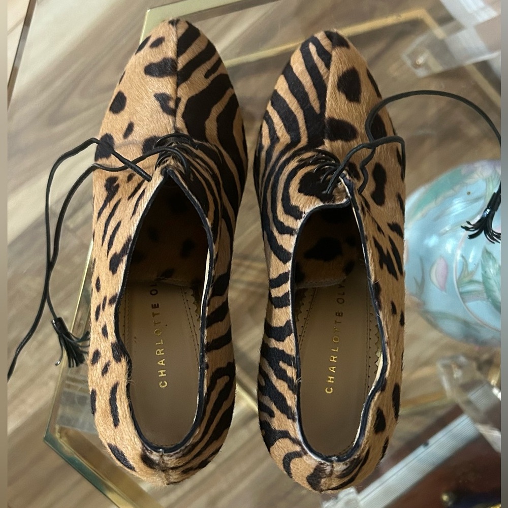 Charlotte Olympia Calf Hair Leopard Zebra Print Lace-Up Heels Size 37 - Picture 12 of 16